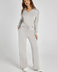 Women's Casual Long Sleeve Sweatsuits Polo Top and Wide Leg Pants Matching Sets