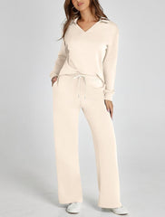 Women's Casual Long Sleeve Sweatsuits Polo Top and Wide Leg Pants Matching Sets
