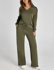 Women's Casual Long Sleeve Sweatsuits Polo Top and Wide Leg Pants Matching Sets