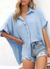 Women's Casual Button Short Sleeve Slit Hem Shirt Solid Color Tops
