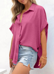 Women's Casual Button Short Sleeve Slit Hem Shirt Solid Color Tops
