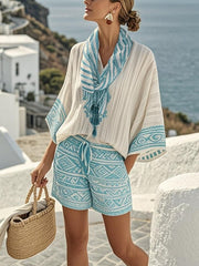 Ladies' Collar Vertical Print Casual Set