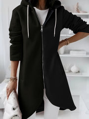 Solid Zipper Drawstring Midi Hooded Jacket