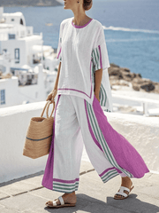 Women Summer Loose Slit Contrast Striped Pants Set