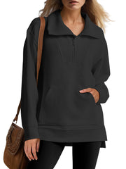 Women's Oversized High Neck Half Zip Knit Sweatshirt (Buy 2 Free Shipping)