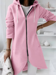 Solid Zipper Drawstring Midi Hooded Jacket