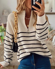 Striped Pattern Quarter Zipper Drop Shoulder Sweater Pullover