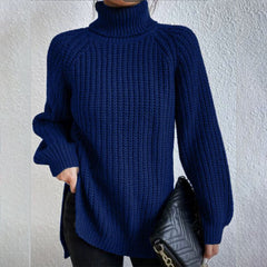 Cotton Turtleneck Raglan Sleeve Split Hem Sweater