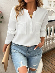 Devine Pocketed Notched Long Sleeve Blouse