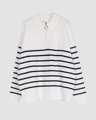 Striped Pattern Quarter Zipper Drop Shoulder Sweater Pullover