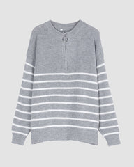 Striped Pattern Quarter Zipper Drop Shoulder Sweater Pullover