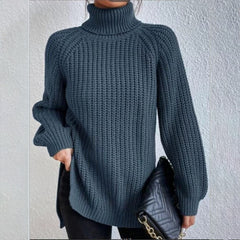 Cotton Turtleneck Raglan Sleeve Split Hem Sweater