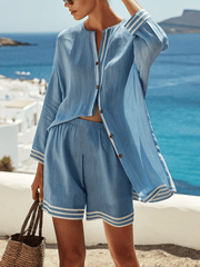 Women Summer Loose Striped Shirt Shorts Set