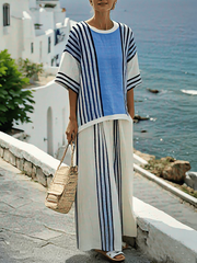Women Summer Linen Loose Striped Pants Suit