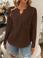 Devine Pocketed Notched Long Sleeve Blouse