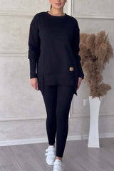 Solid Color Long Sleeve Slit Hem Sweatshirt Leggings Set