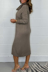 Women's Knit Solid Color High Neck Midi Dress