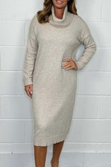 Women's Knit Solid Color High Neck Midi Dress
