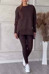 Solid Color Long Sleeve Slit Hem Sweatshirt Leggings Set