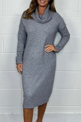 Women's Knit Solid Color High Neck Midi Dress