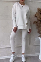 Solid Color Long Sleeve Slit Hem Sweatshirt Leggings Set