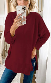 Women's Casual Crew Neck Side Split Pullover Sweater