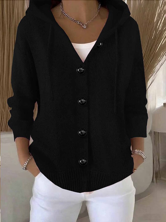 Women's Casual Hooded Long Sleeve Button Cardigan Sweater