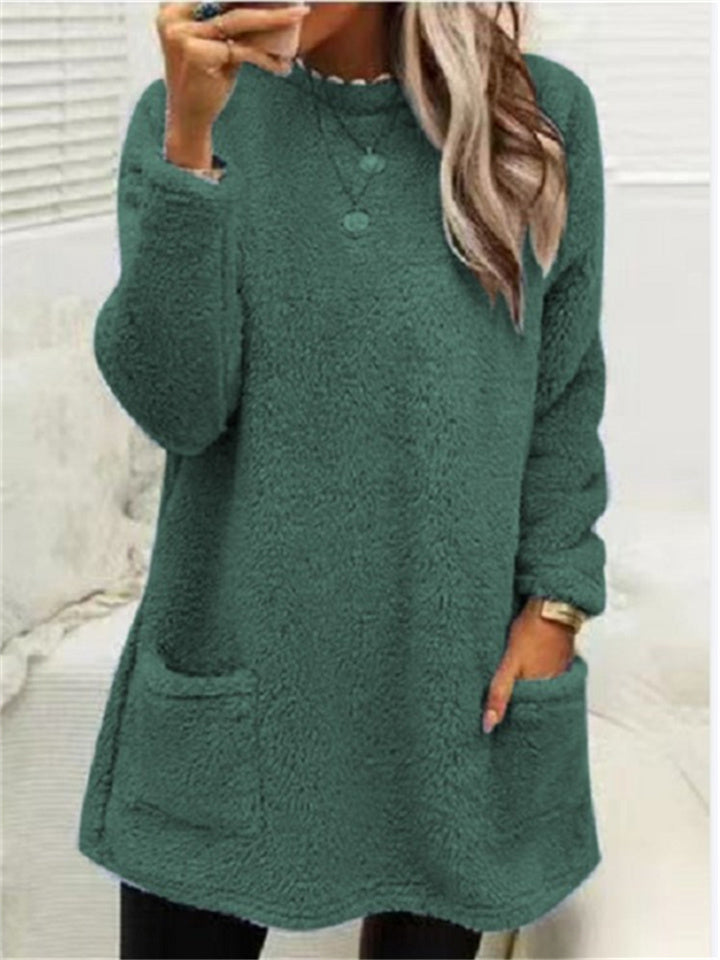 Women's Sweatshirt Pullover Sherpa Fleece Teddy Pocket Marron Blue Purple Solid Color Street Round Neck Long Sleeve Fleece S M L XL 2XL 3XL