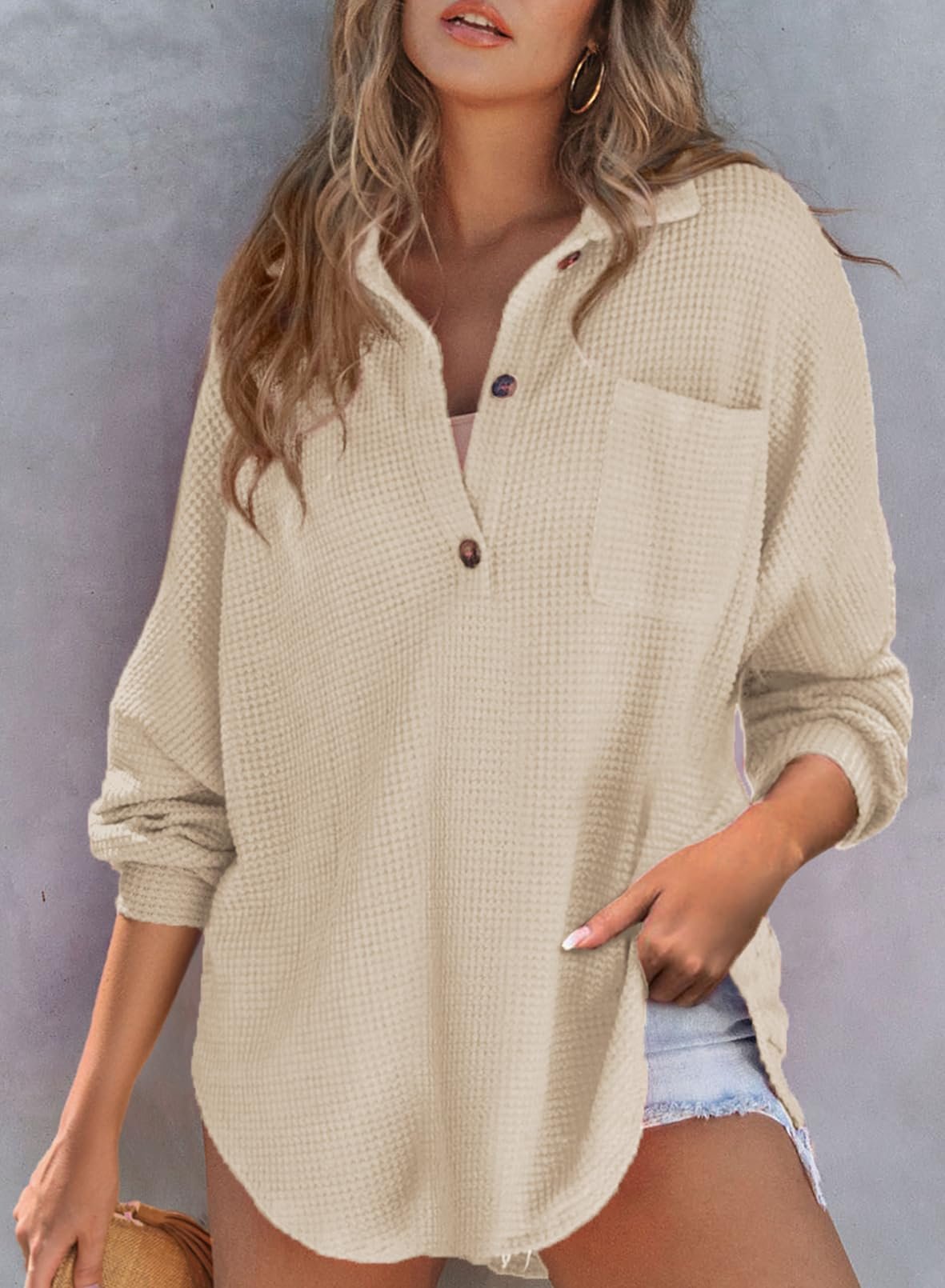 Women's Waffle Knit Henley Button Shirt Jacket