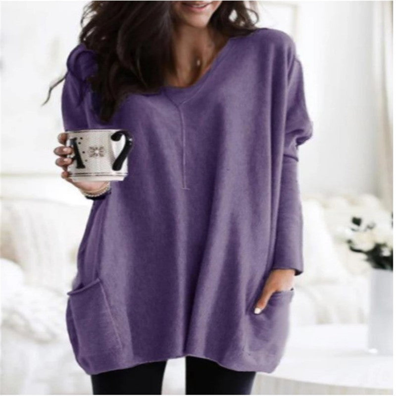 Women's Autumn Pullover Casual Round Neck Long Sleeve Pocket T-shirt Top