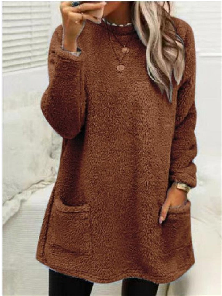 Women's Sweatshirt Pullover Sherpa Fleece Teddy Pocket Marron Blue Purple Solid Color Street Round Neck Long Sleeve Fleece S M L XL 2XL 3XL