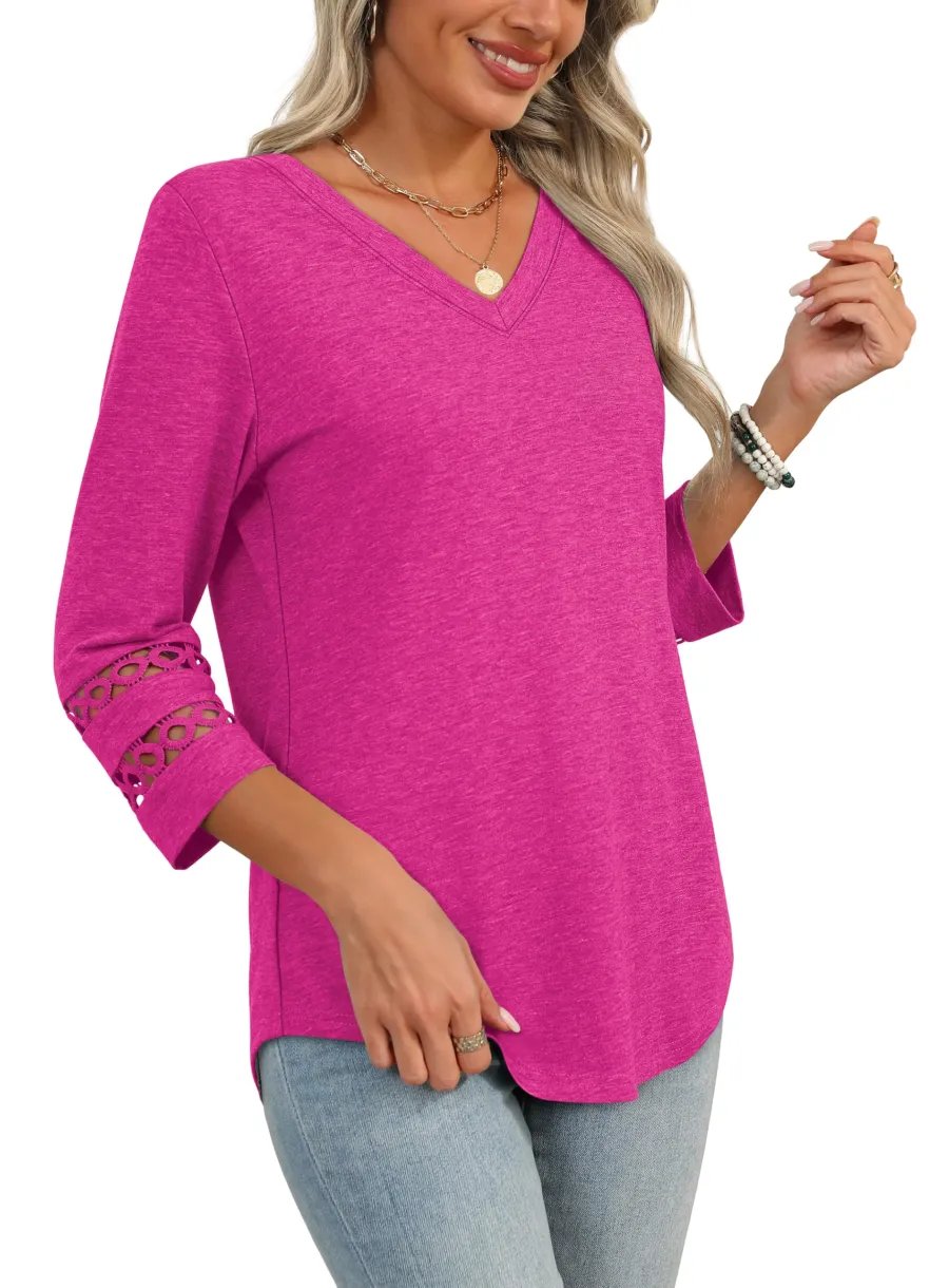 2025 Women's Trendy V-Neck T-Shirt with 3/4 Sleeves - Stylish & Comfortable Top