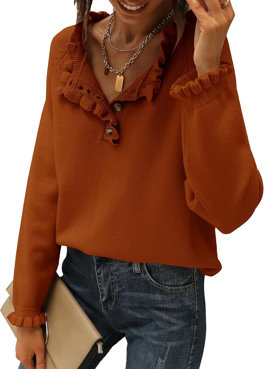 CLEARANCE SALE🔥Ruffle Trim Casual Knit Pullover Tops﻿
