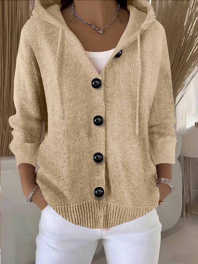 Women's Casual Hooded Long Sleeve Button Cardigan Sweater