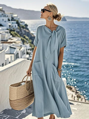 Women'S Solid Color Loose Cotton And Linen Pocket Dress