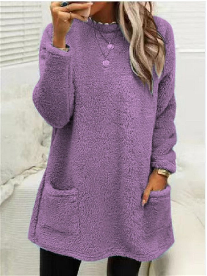 Women's Sweatshirt Pullover Sherpa Fleece Teddy Pocket Marron Blue Purple Solid Color Street Round Neck Long Sleeve Fleece S M L XL 2XL 3XL
