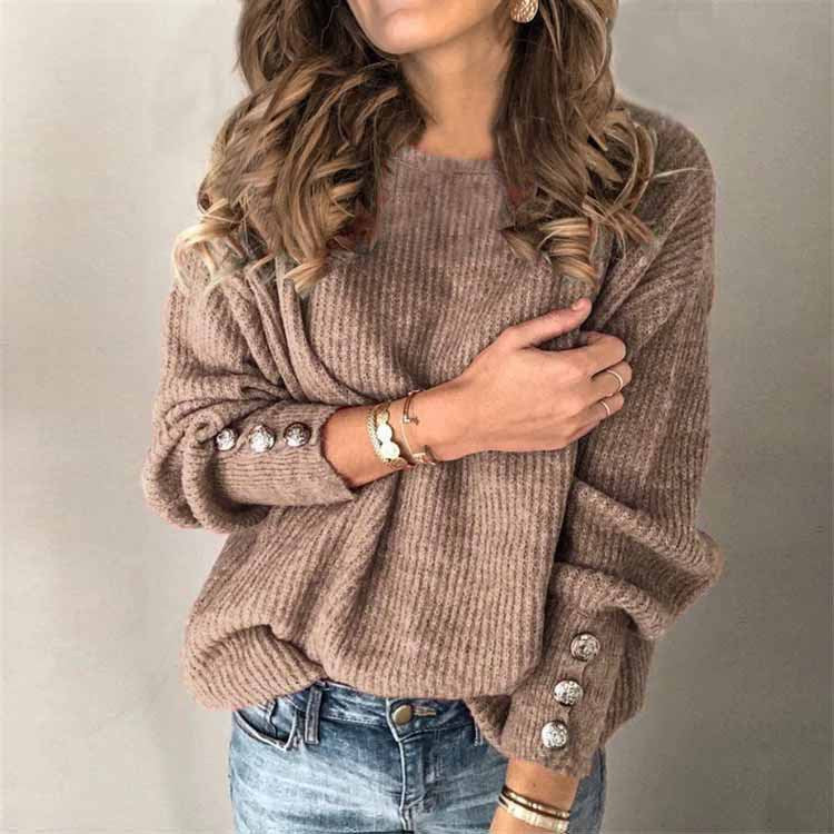 Women's Street Hipster Long-sleeved Round Neck Button Sweater Top T-shirt