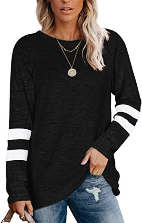 Women's Ladies Long Sleeve Solid Color Patchwork Round Neck Casual Printed T-shirt Top