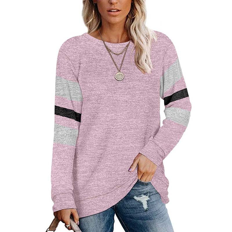 Women's Ladies Long Sleeve Solid Color Patchwork Round Neck Casual Printed T-shirt Top