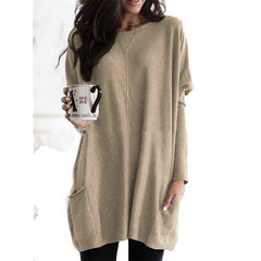 Women's Autumn Pullover Casual Round Neck Long Sleeve Pocket T-shirt Top