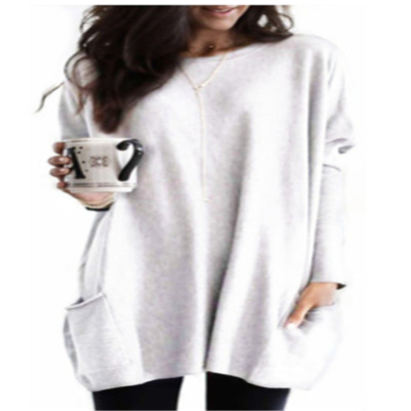 Women's Autumn Pullover Casual Round Neck Long Sleeve Pocket T-shirt Top