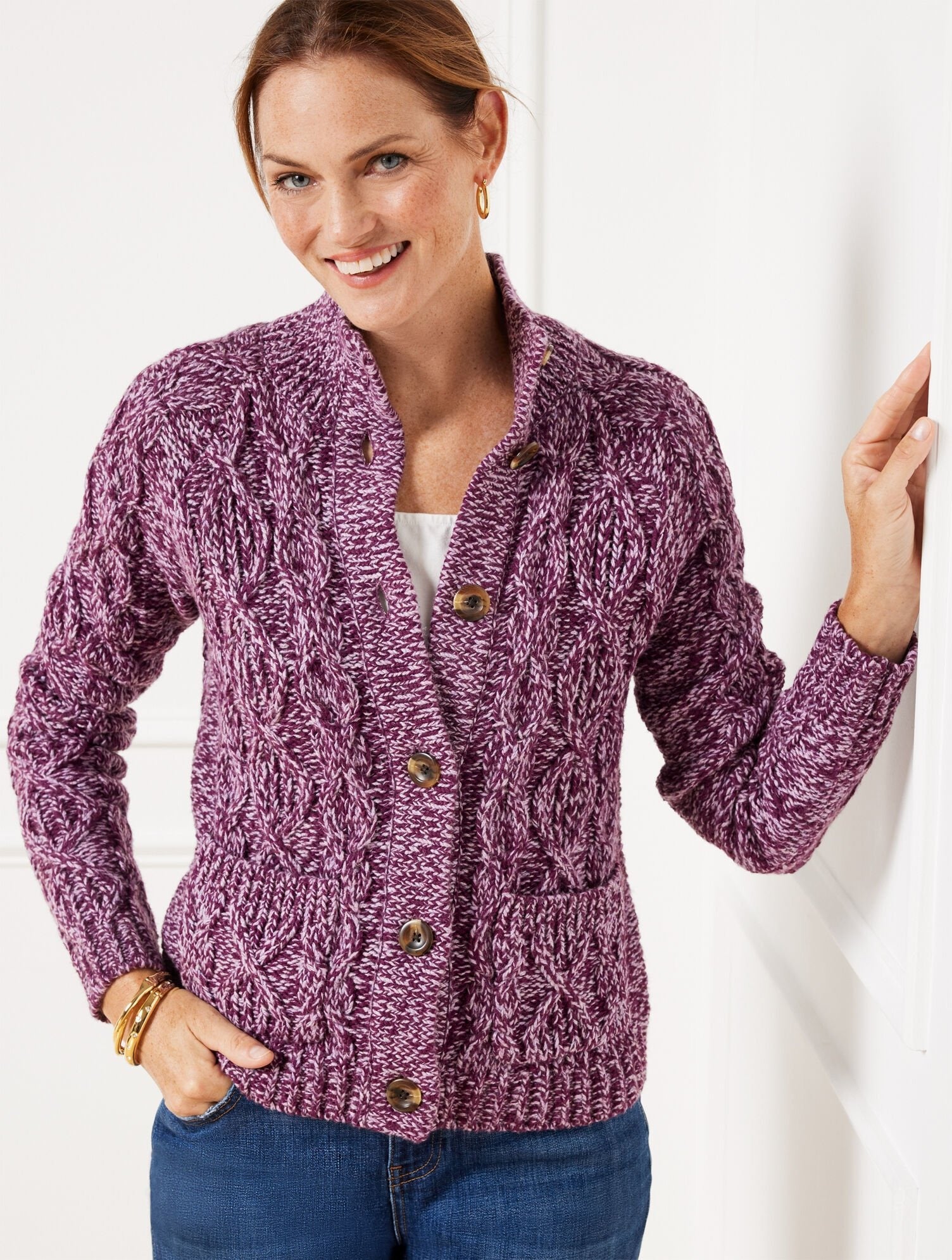 TALBOTS Marl Cable Knit Mockneck Cardigan