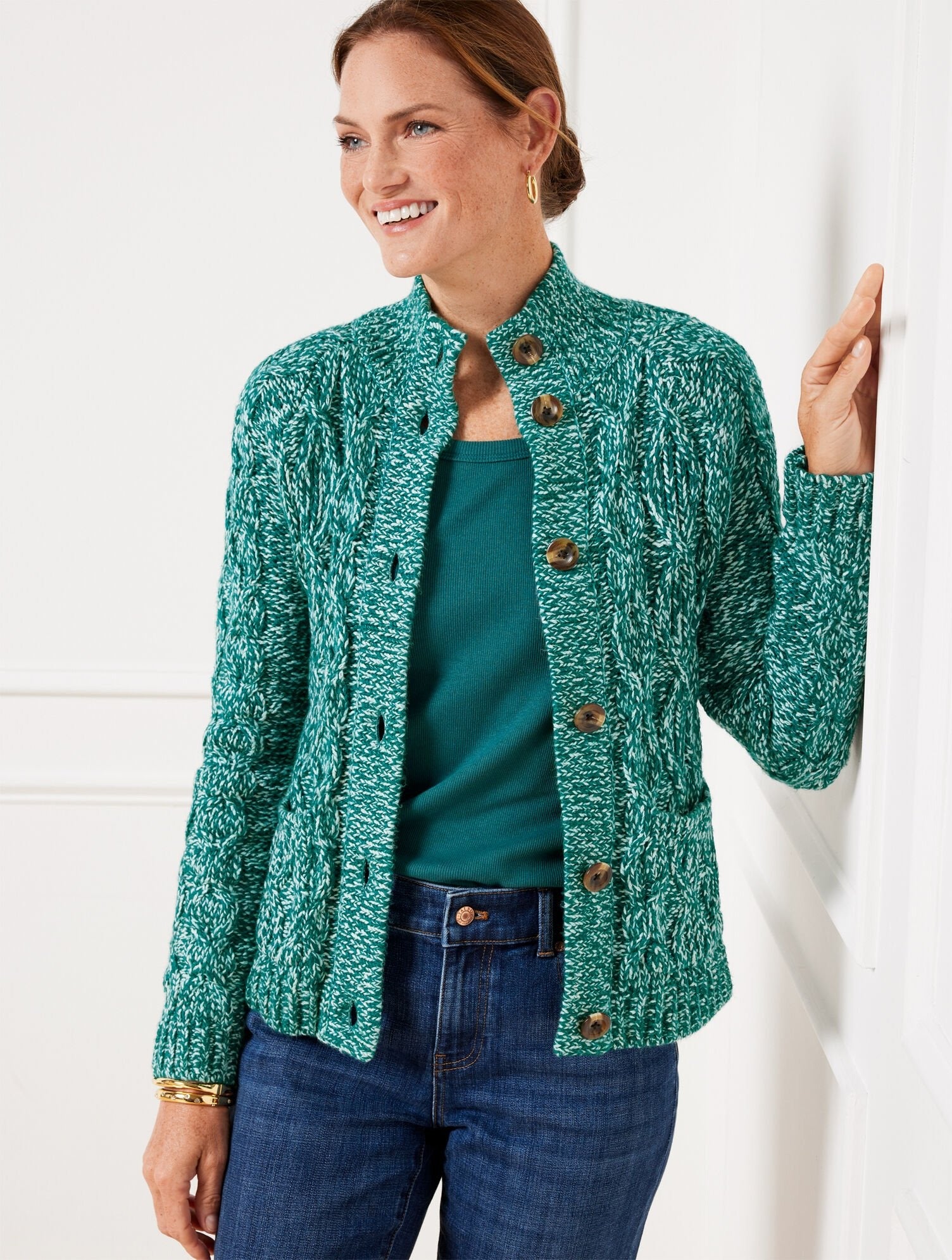 TALBOTS Marl Cable Knit Mockneck Cardigan