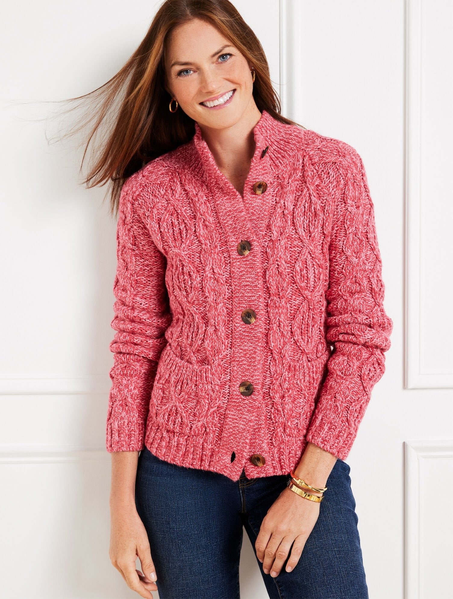 TALBOTS Marl Cable Knit Mockneck Cardigan