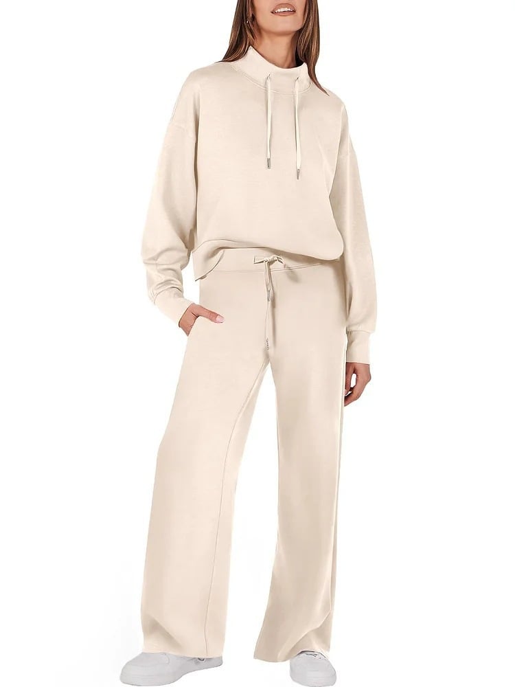 Women's Cotton Two-Piece Oversized Drawstring Sweatshirt Wide Leg Sweatpants Casual Set