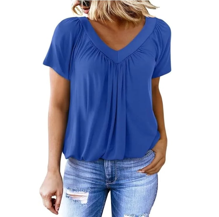 Casual Women's Top with Pleated V-Neck and Short Sleeves