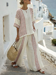 Women Summer Linen Loose Slit Contrast Striped Pants Set