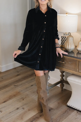 Solid Velvet Vintage Casual Long Sleeve Shirt Dress