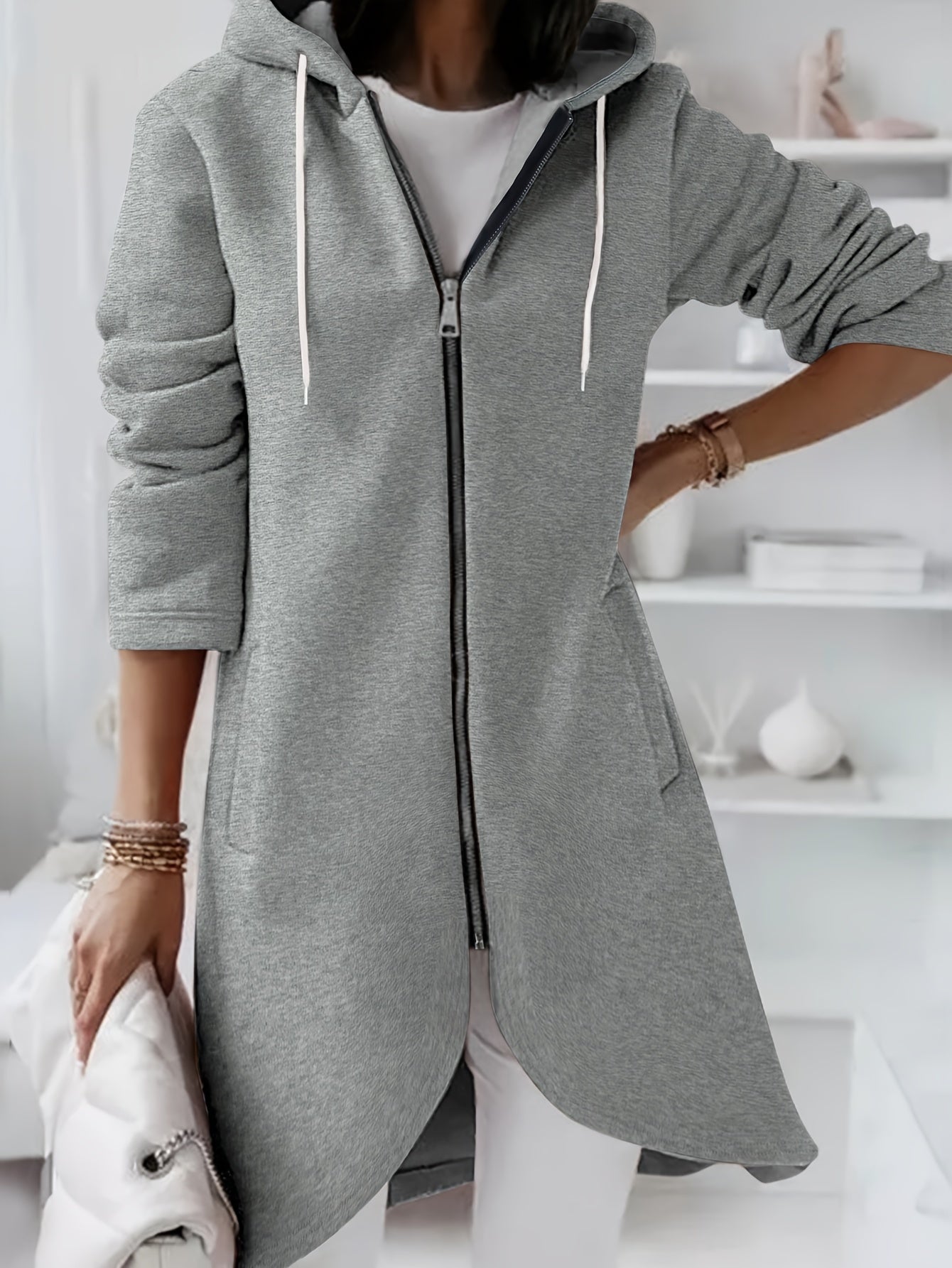 Solid Zipper Drawstring Midi Hooded Jacket