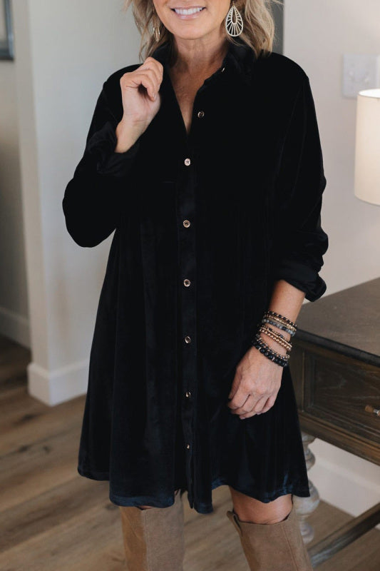 Solid Velvet Vintage Casual Long Sleeve Shirt Dress